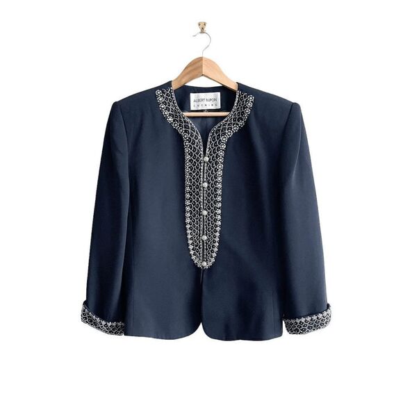 Albert Nipon Evening Navy Jacket Blazer Sequin & Beading On Lapels Cuffs Sz 14 - Picture 1 of 8